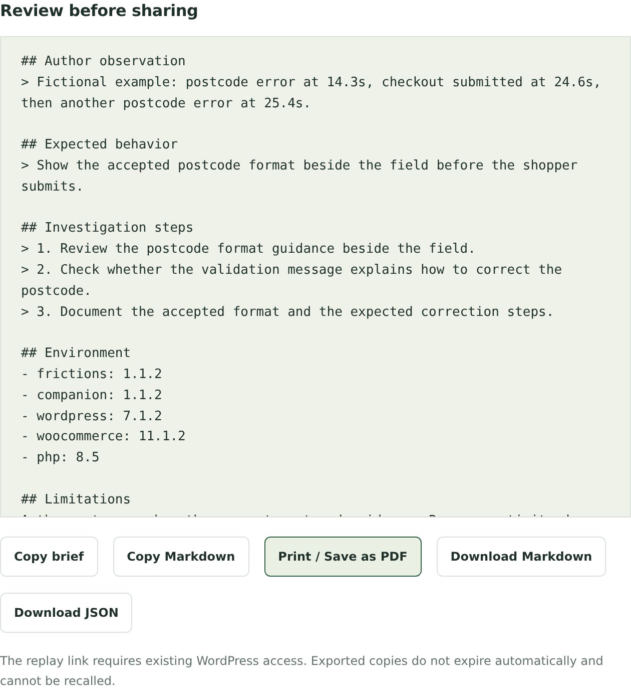 Actual completed Frictions Pro developer brief with the fictional postcode observations and investigation steps.