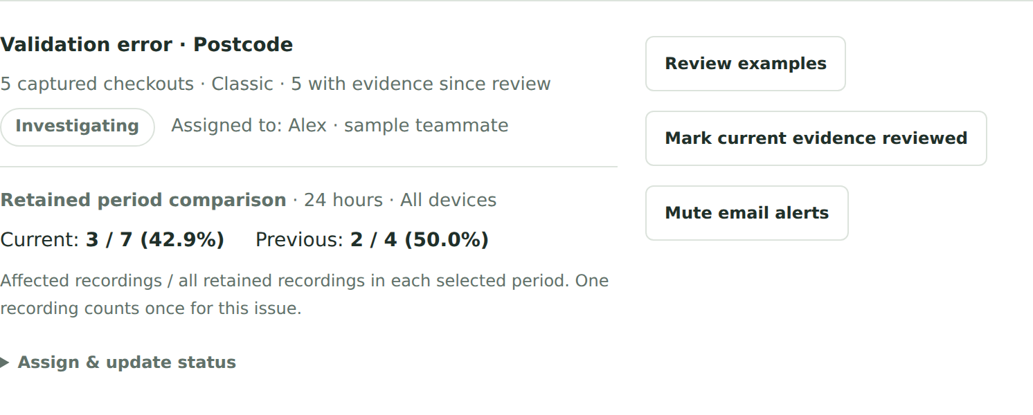 Actual Pro investigation for the fictional postcode issue, showing its owner and review status.