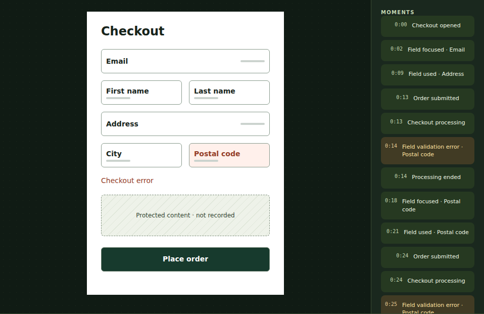 Actual Frictions 1.1.2 player showing a postcode error beside a simplified checkout. Entered values are excluded.